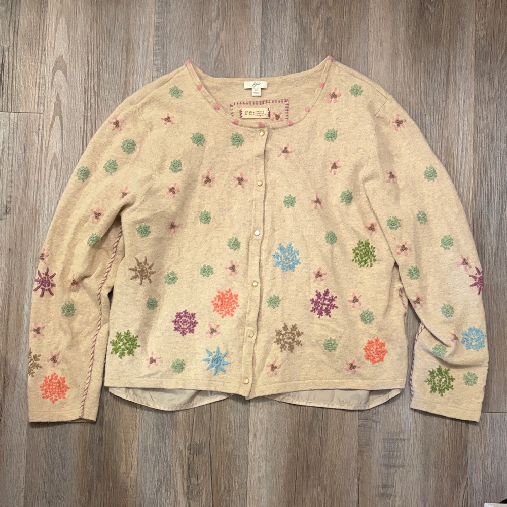 Women’s Cream Embroidered Floral Cardigan Sweater Size XL